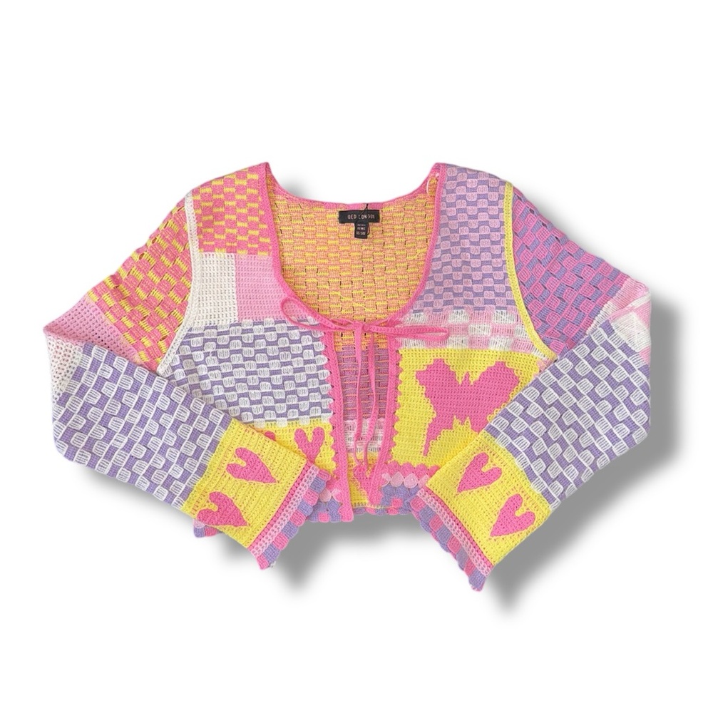 NEW QED London Colorful Crochet Knit Patchwork Cardigan